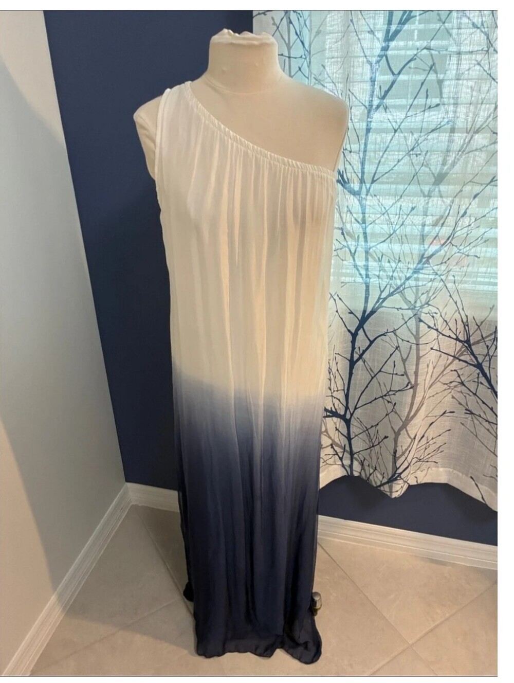 Sofia Made In Italy  One-Shoulder Ombre Maxi Dress - White to Navy One Sz New